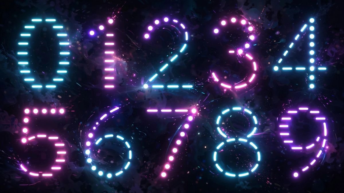 Morse code numbers 0 to 9 chart showing each digit as dots and dashes on a dark neon background