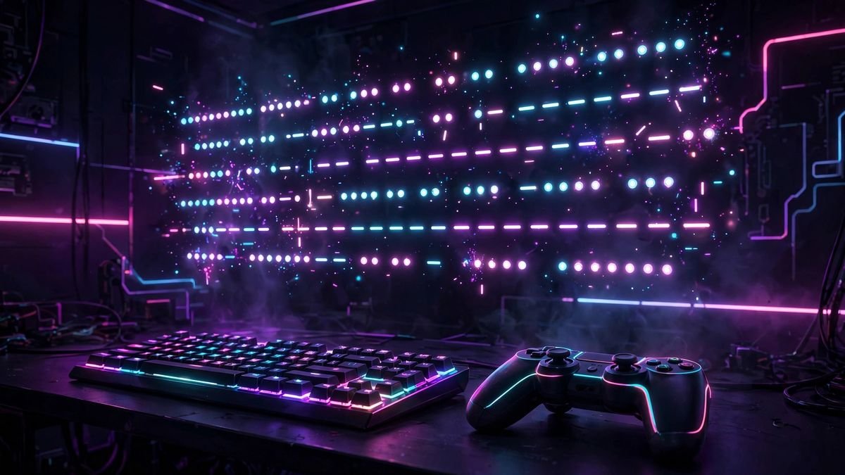 Gaming setup with glowing keyboard and morse code dots and dashes representing secret in-game chat messages